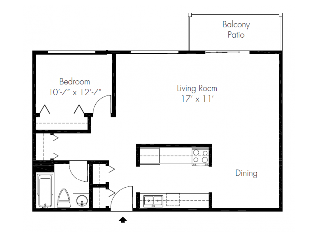 Floor plan for 1 bed, 1 bath, 680 sqft